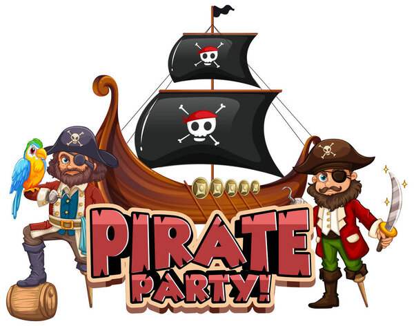 Font design for word pirate party with pirate and big ship illustration