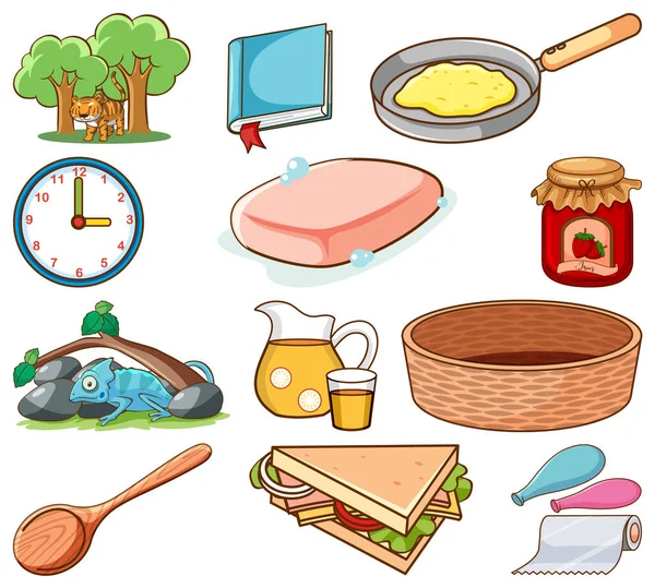 Grote Set Van Verschillende Voedingsmiddelen Andere Items Witte Achtergrond Illustratie — Stockvector