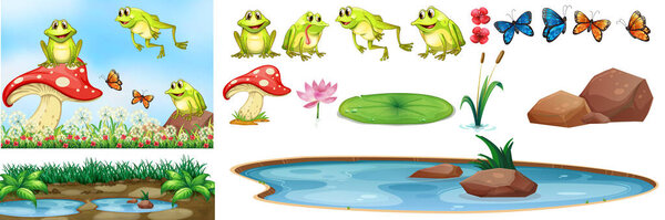 Background scene with happy frogs in the pond illustration