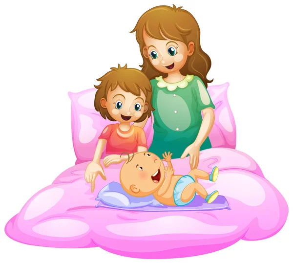 ベッドのイラストでお母さんと子供とのシーン — ストックベクタ