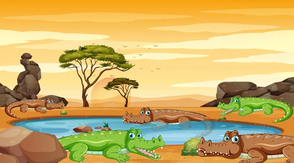 Cena Com Crocodilos Lagoa Ilustração — Vetor de Stock