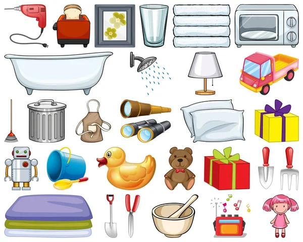 Large Set Household Items Many Toys White Background Illustration — Stock Vector