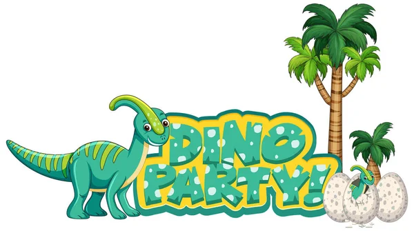 Projeto Fonte Para Palavra Dino Party Com Parasaurolophus Ilustração Floresta —  Vetores de Stock