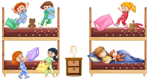 Cena Com Muitas Meninas Brincando Dormindo Cama Ilustração —  Vetores de Stock