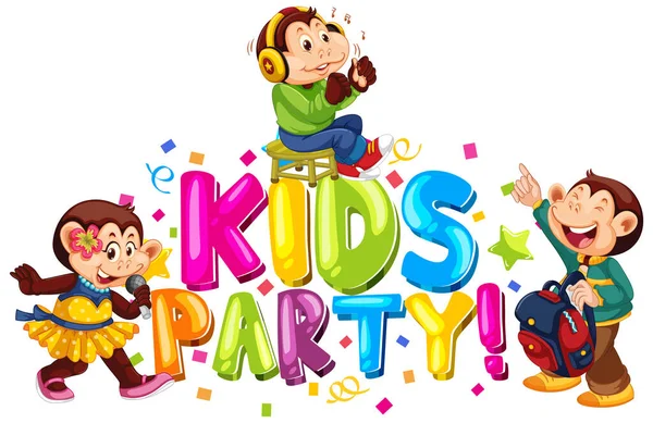 Font Design Word Kids Party Cute Monkeys Illustration — Stock Vector