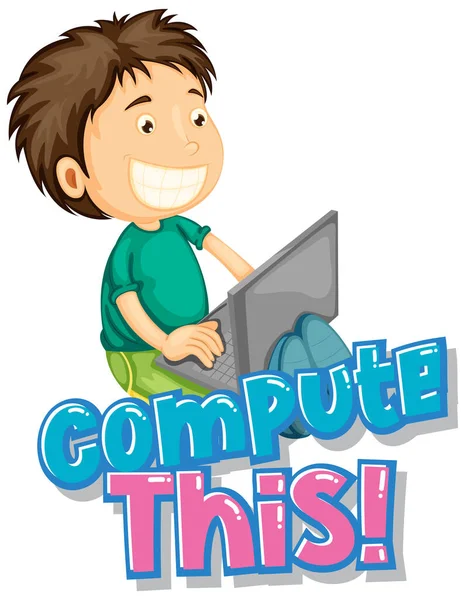 与在笔记本电脑插图上工作的男孩一起进行字词计算的字体设计 — 图库矢量图片