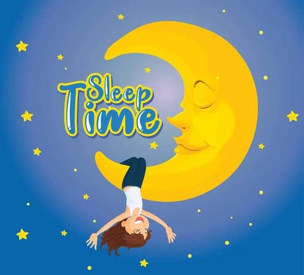 Plakát Design Szó Alvás Idő Lány Holdon Illusztráció — Stock Vector
