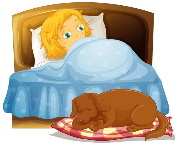 Cena Com Menina Dormindo Cama Com Ilustração Cachorro Estimação — Vetor de Stock