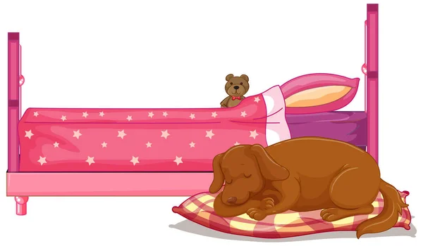 Yatağın Kenarında Uyuyan Kahverengi Köpekli Sahne — Stok Vektör