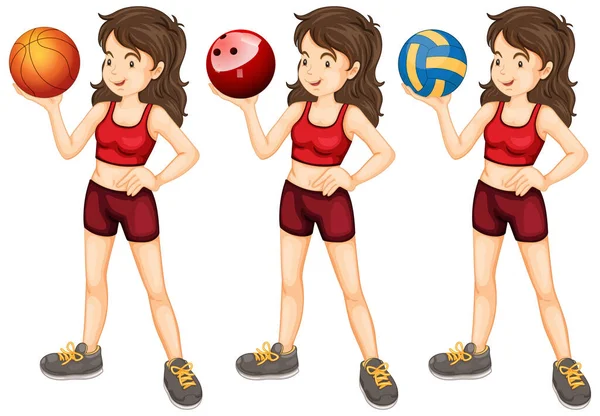 Woman Three Different Types Balls Illustration — Stock Vector
