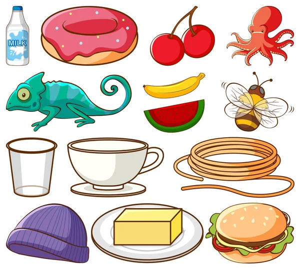 Gran Conjunto Diferentes Alimentos Otros Artículos Ilustración Fondo Blanco — Archivo Imágenes Vectoriales