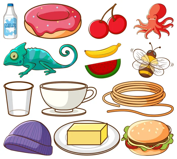 Grote Set Van Verschillende Voedingsmiddelen Andere Items Witte Achtergrond Illustratie — Stockvector