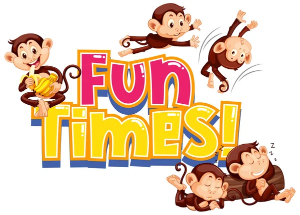 Sticker Design Word Fun Times Cute Monkeys Illustration — Stock Vector