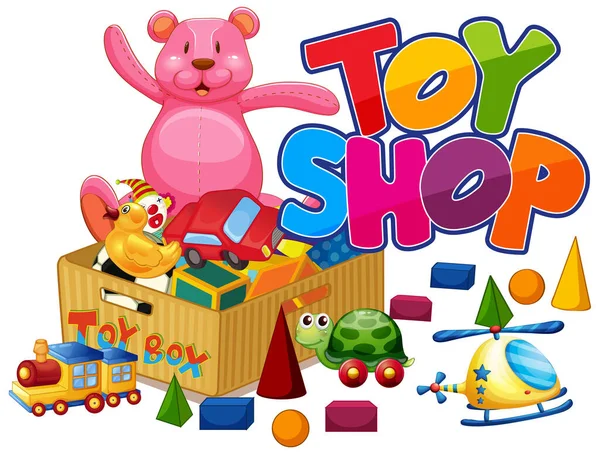 床のイラストに多くのおもちゃを持つおもちゃ屋のためのワードデザイン — ストックベクタ