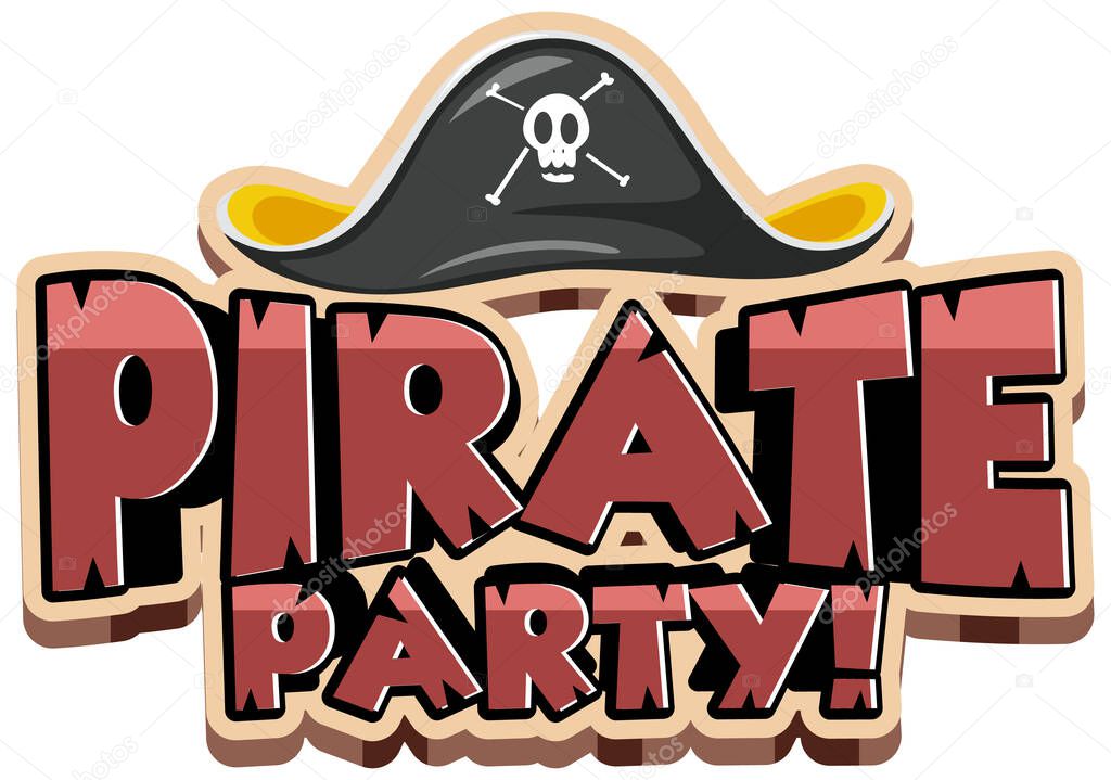 Font design for word pirate party with pirate hat on background illustration