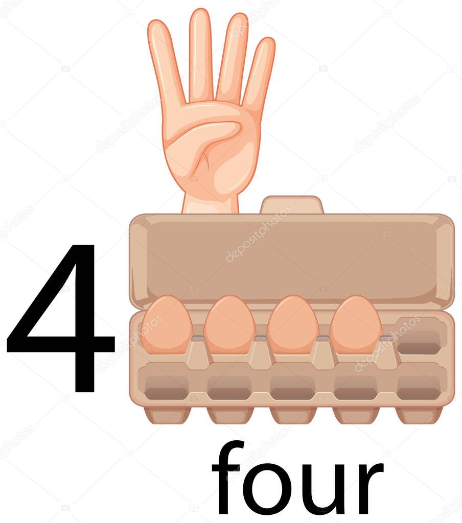 Counting number four with eggs in carton illustration