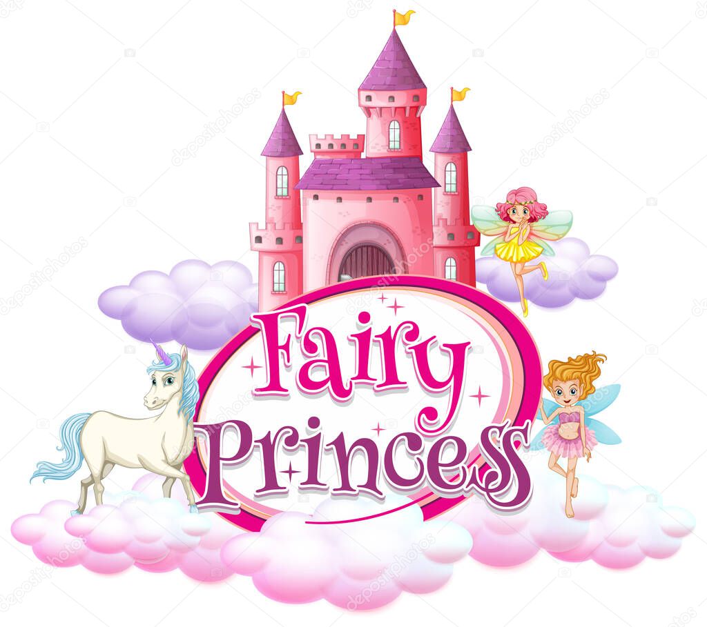 Font design for word fairy princess with fairies flying in sky illustration