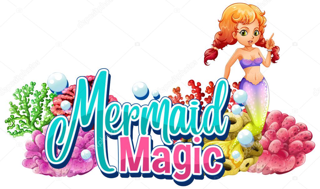 Font design for word mermaid magic with cute mermaid underwater illustration