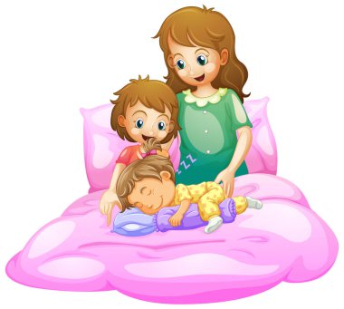 Anne ve çocukların yatak resimlerinde uyuduğu sahne