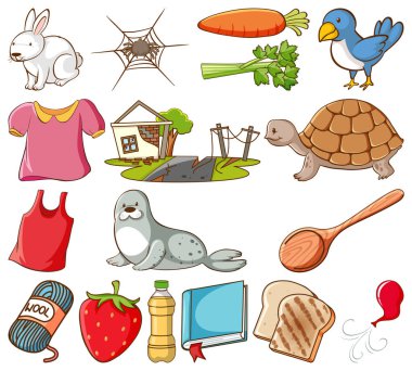 Beyaz arkaplan illüstrasyonunda geniş bir hayvan kümesi ve diğer nesneler