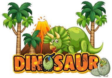 Orman çiziminde triceratops ile dinozor kelimesi için yazı tipi tasarımı