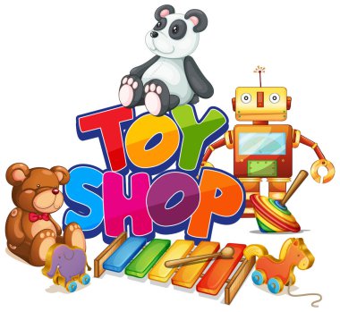 Arkaplanda birçok oyuncağı olan oyuncak mağazası için yazı tipi tasarımı