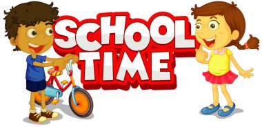 Mutlu çocuk resimleriyle kelime okulu zamanı için yazı tipi tasarımı