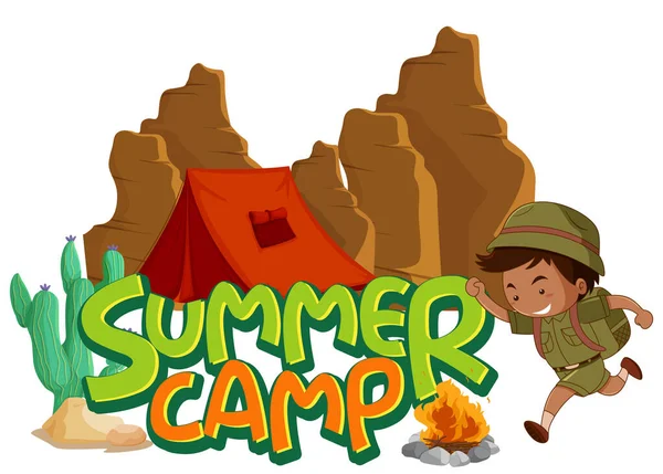 Projektowanie Czcionki Word Summer Camp Boy Campsite Illustration — Wektor stockowy