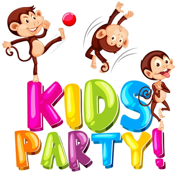 Lettertype Ontwerp Voor Woord Kids Party Met Apen Spelen Illustratie — Stockvector