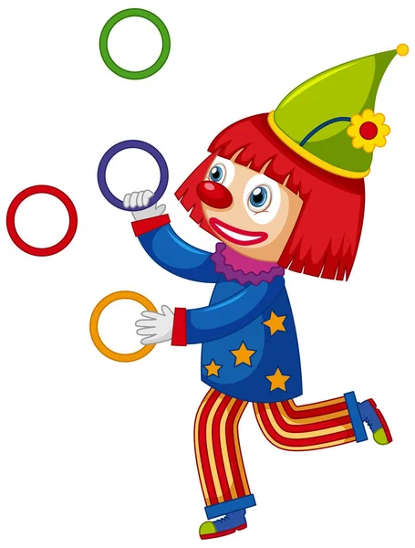 Glücklich Clown Jonglieren Bunte Ringe Auf Weißem Hintergrund Illustration — Stockvektor