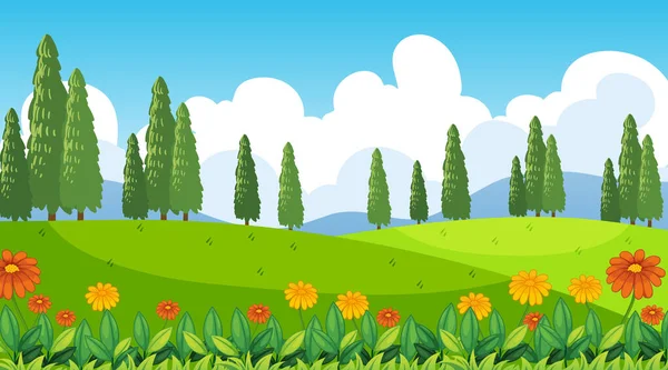 Natuur Scene Achtergrond Met Bloemen Heuvels Illustratie — Stockvector