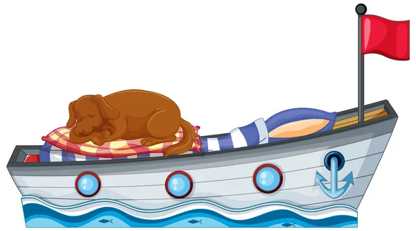 Scene Little Dog Sleeping Boat Bed Illustration — Stock Vector