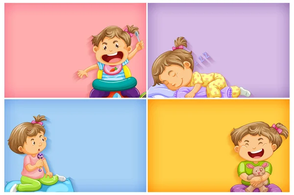 Quattro Modelli Sfondo Con Bambina Che Cose Diverse Illustrazione — Vettoriale Stock