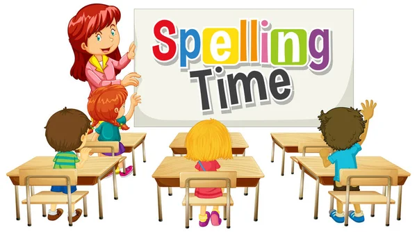 Font design for word spelling time with teacher and students in classroom illustration