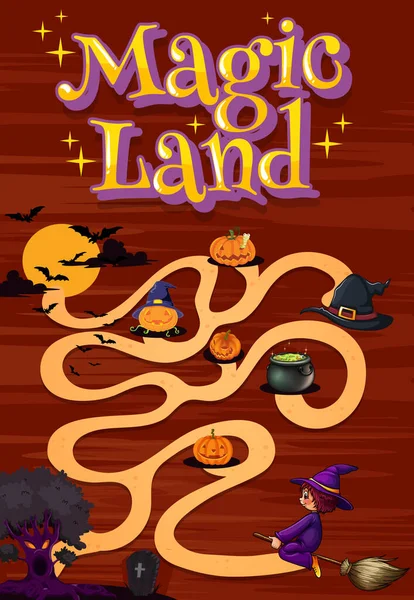 Affisch Design Med Ord Magiska Land Och Halloween Labyrint Bakgrunden — Stock vektor