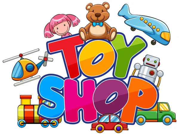 Conception Polices Pour Word Toy Shop Avec Nombreux Jouets Illustration — Image vectorielle