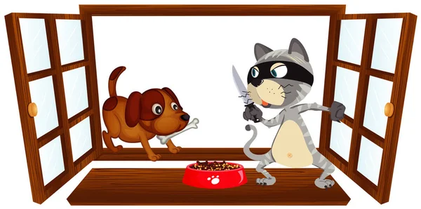 泥棒猫と犬のイラストのウィンドウシーン — ストックベクタ