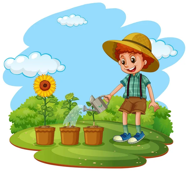 Scene Kid Planting Trees Garden Illustration Stock Illustration