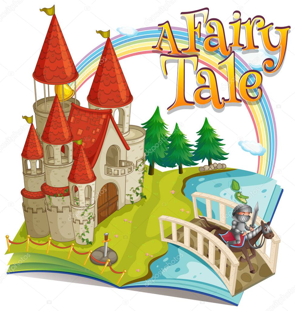 Font design for word a fairy tale with big castle and knight in background illustration