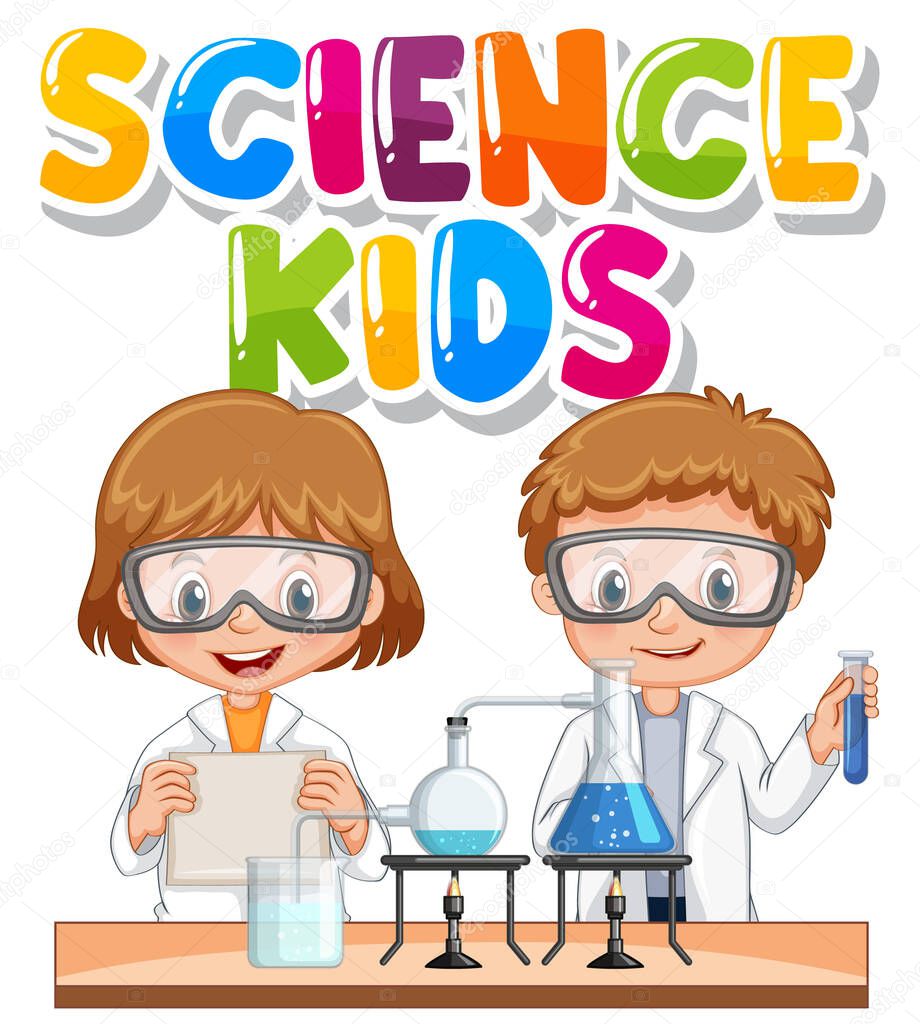 Font design for word science kids with children in science lab illustration