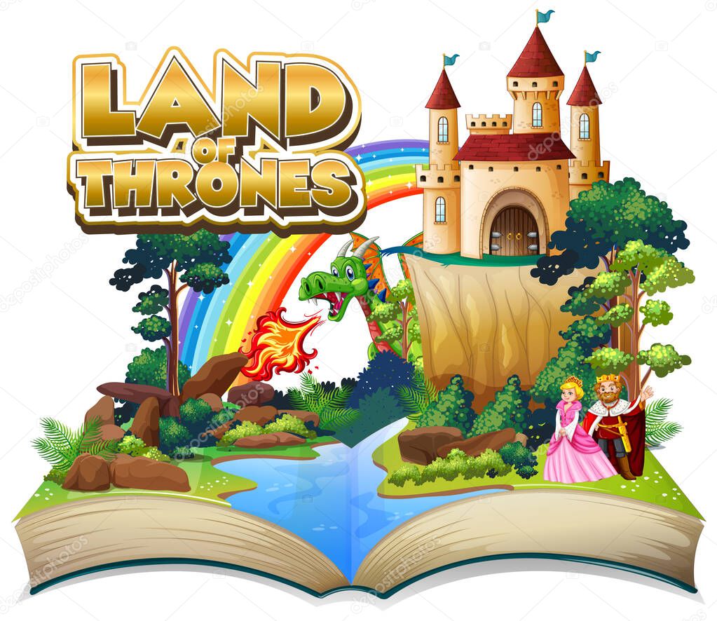Font desing for word land of thrones with big castle and dragon illustration
