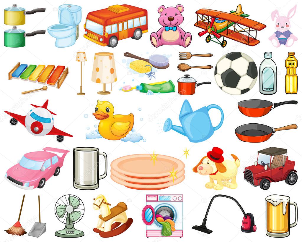 Large set of household items and toys on white background illustration