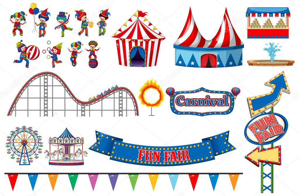 Large set of circus rides and clowns on white background illustration