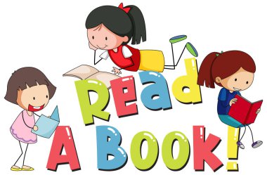 Kelimesi kelimesine yazı tipi tasarımı üç kızın resimlerini okuduğu bir kitap oku