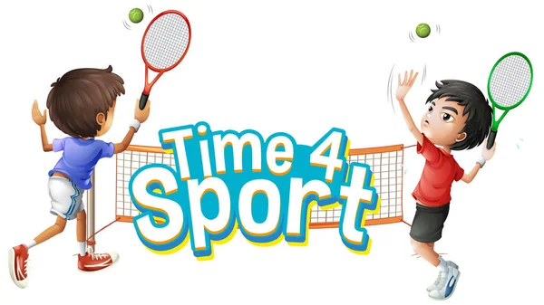 Font Design Word Time Sport Boys Playing Tennis Illustration — Stock Vector