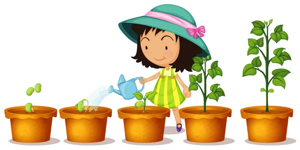 快乐的女孩在白色背景图上浇灌植物 — 图库矢量图片