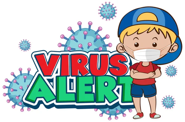 Projekt Plakatu Koronawirusa Dla Alarmu Słowo Wirus Chłopcem Noszącym Ilustrację — Wektor stockowy