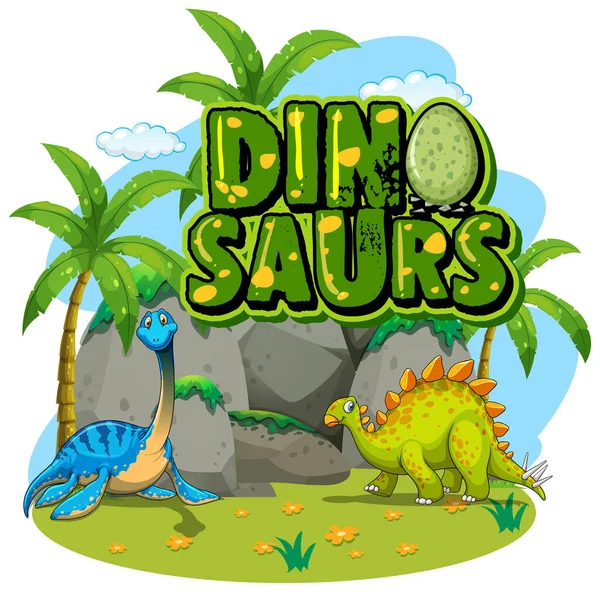 Font Design Word Dinosaurs Two Dinosaurs Park Illustration — Stock Vector