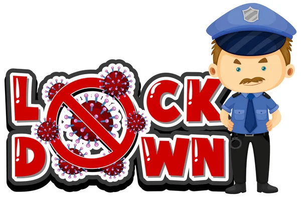 警官イラストでロックダウンのためのコロナウイルスポスターデザイン — ストックベクタ
