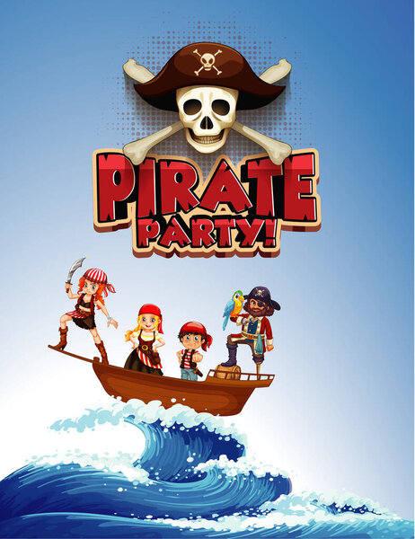 Font design for word pirate party with pirate and crews on boat illustration